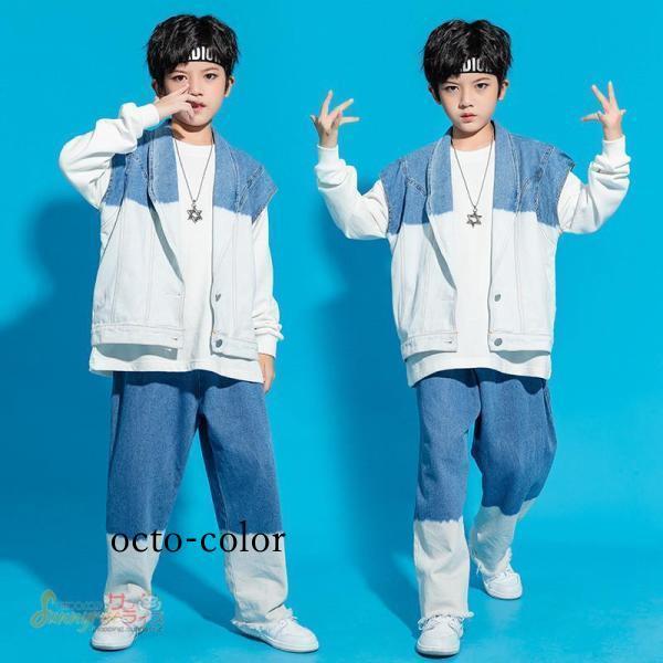 【ROSEBLINK】キッズ ダンス衣装 女の子 ヒップホップ チアガールズ 切り替え デニムベスト ロングパンツ セット ジャズダンス ステージ衣装 練習着 体操服