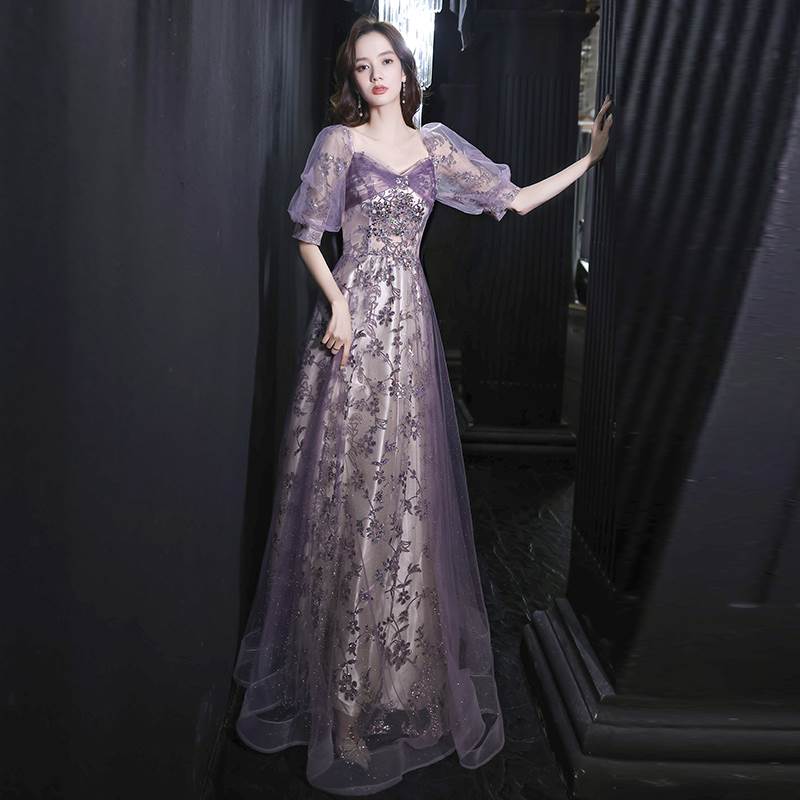 ロング ドレス パーティードレス パープル 花柄 袖あり ビジュー 透け感 プリンセス 個性的 結婚式 二次会 お呼ばれ フォーマル 演奏会 ピアノ 発表会 ドレス 大人 可愛い Aライン お姫様 シ