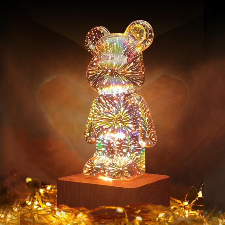 3D花火クマランプカラフルプロジェクション装飾ルームナイトライト3次元ガラステーブルランプ寝室デスク用可変8色ライト