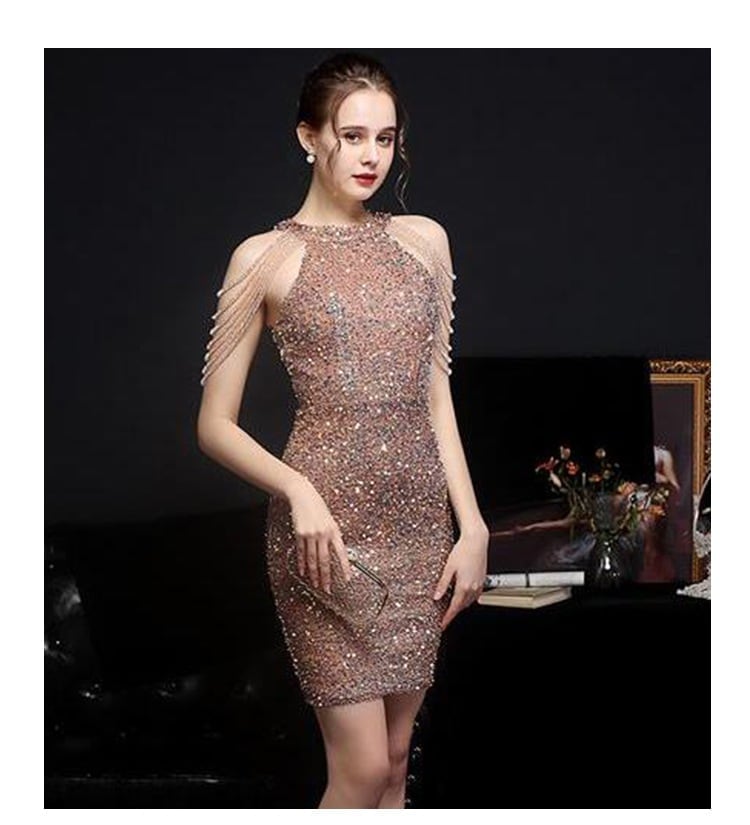 女性用小さなシャンパンカラーのイブニングドレス2024宴会気質安い