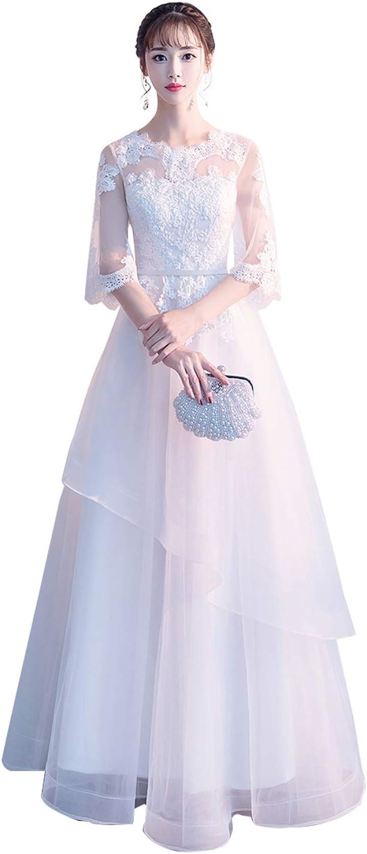 可愛い ウェディングドレス 二次会ドレス 結婚式 プリンセスラインドレス パーティードレス 新婦 挙式 ブライダル 袖あり ロングドレス ホワイト( 白A-ロング丈, XL) 6,180円