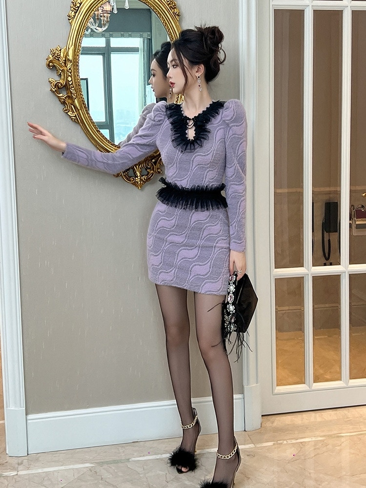 レース ワンピース 秋冬 ショート フリル ドレス パーティー キャバ 大人 同窓会 披露宴 卒