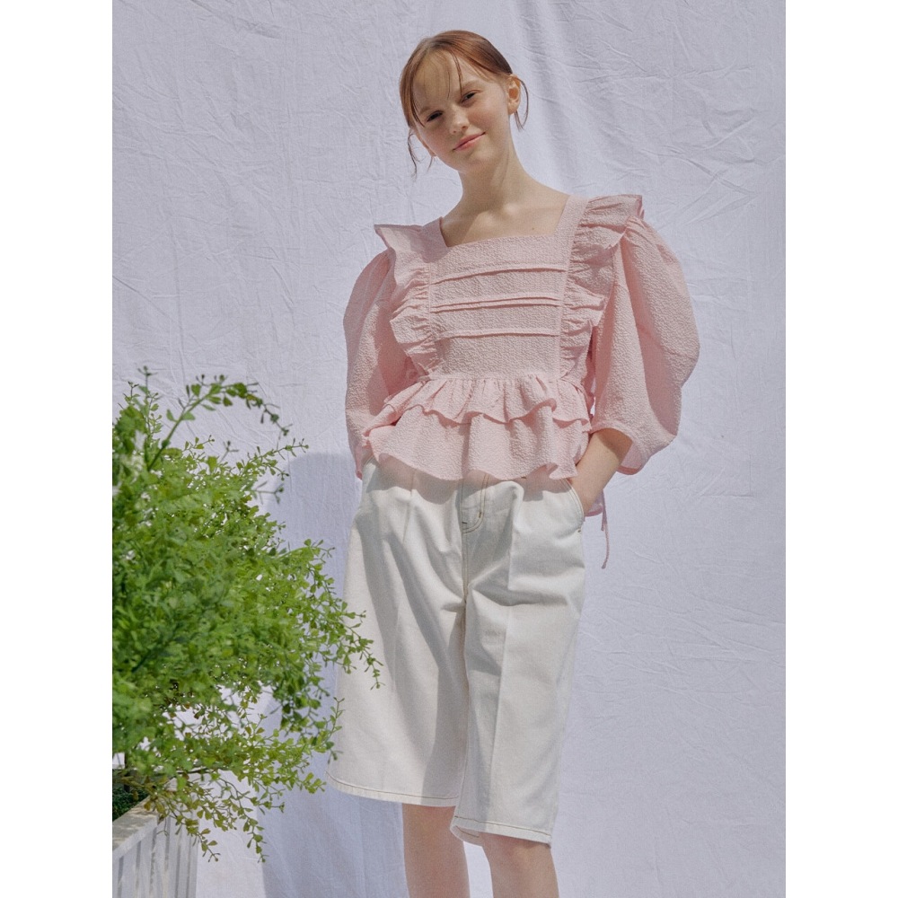 ボカバカワンタックバミューダデニ 無地 ひざ丈 ピンタック パンツ [2