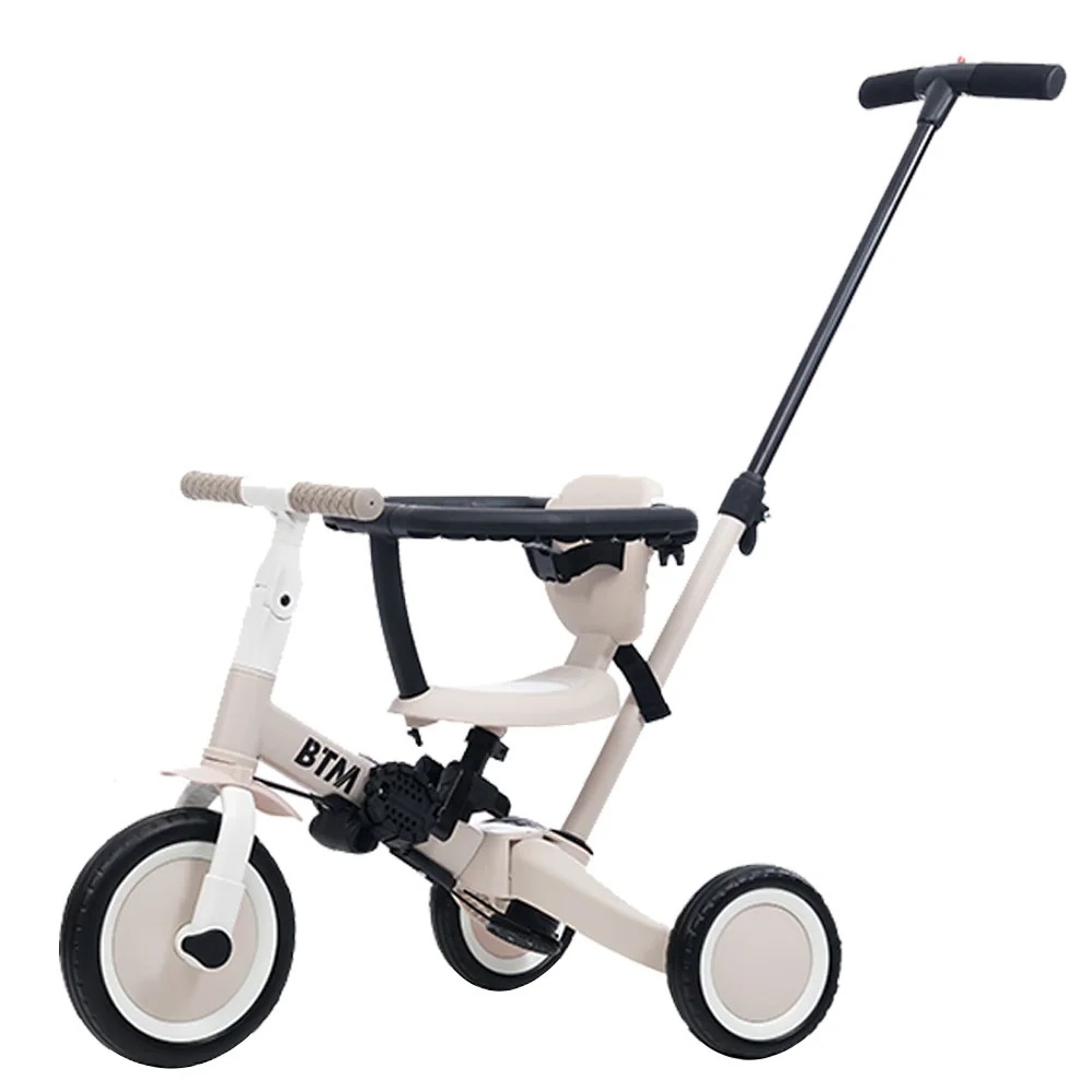子供用三輪車 4in1 (グレージュ) 自転車 オリジナル 押し棒付き 安全バー付き キックボード