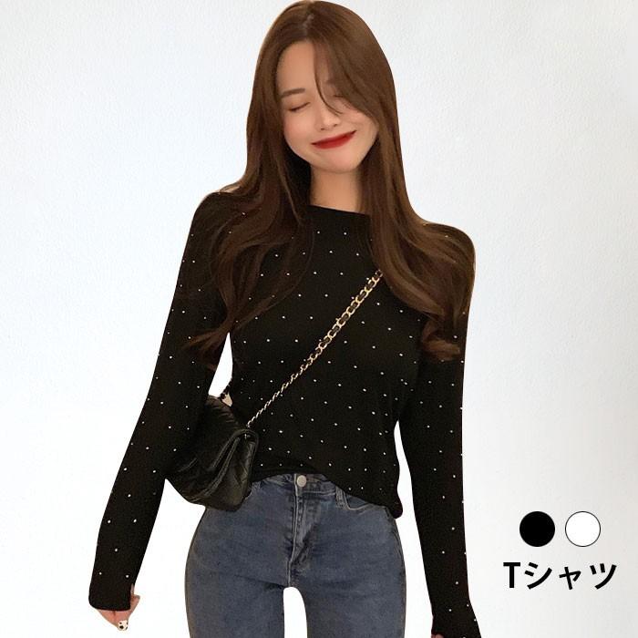 Tシャツ レディース ビジュー付き フェイクビジュー 長袖 ラウンドネック インナーTシャツ ストレッチ 伸縮性 トップス プルオーバー 春秋 冬新作 バレンタイン プレゼント 5,182円