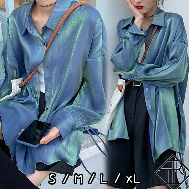 【即納】ブラウス シャツ レディース 長袖 シャツ 大きいサイズ トップス ブラウスシャツ 個性的 光沢感 メタリック サイドスリットユニーク ふんわり ゆるい トレンド 可愛い お洒落 大人女子