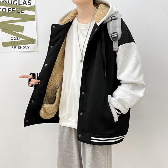 ジャンパー メンズ フード付き 裏起毛 ジップパーカー スカジャン風 ジャケット 裏フリース 暖か 配色 厚手 裾リブ 袖口リブ ボタン アウター