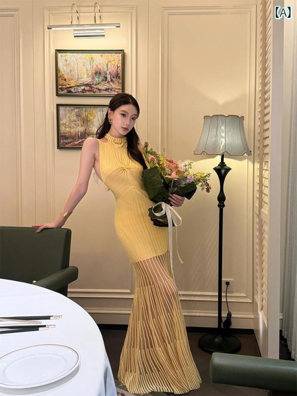 レディース トップス ホルターネック レディース トップス ホルターネック 女性用 ホルターネック ドレス 2025新 スタイル ハイエンド 縦縞 ホット ガール バックレス ホリデー ロング スカー