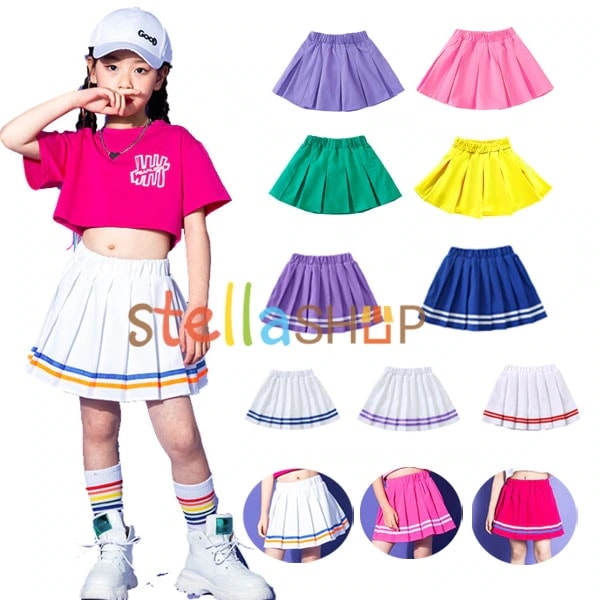 2026年初の販促ダンス衣装 女の子 スカート パープル ピンク グリーン イエロー ブルー ホワイト バラ キッズ スカート hiphop 舞台 団体服 演出服 子供ダンス ガールズ スカート 鼓笛