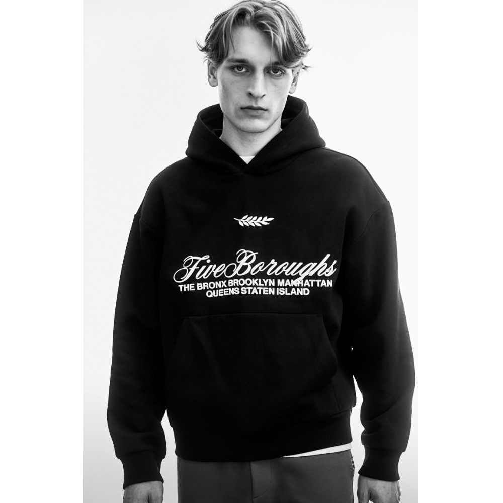 H&M ルーズフィットプリントフーディーブラック/ファイブボローズ