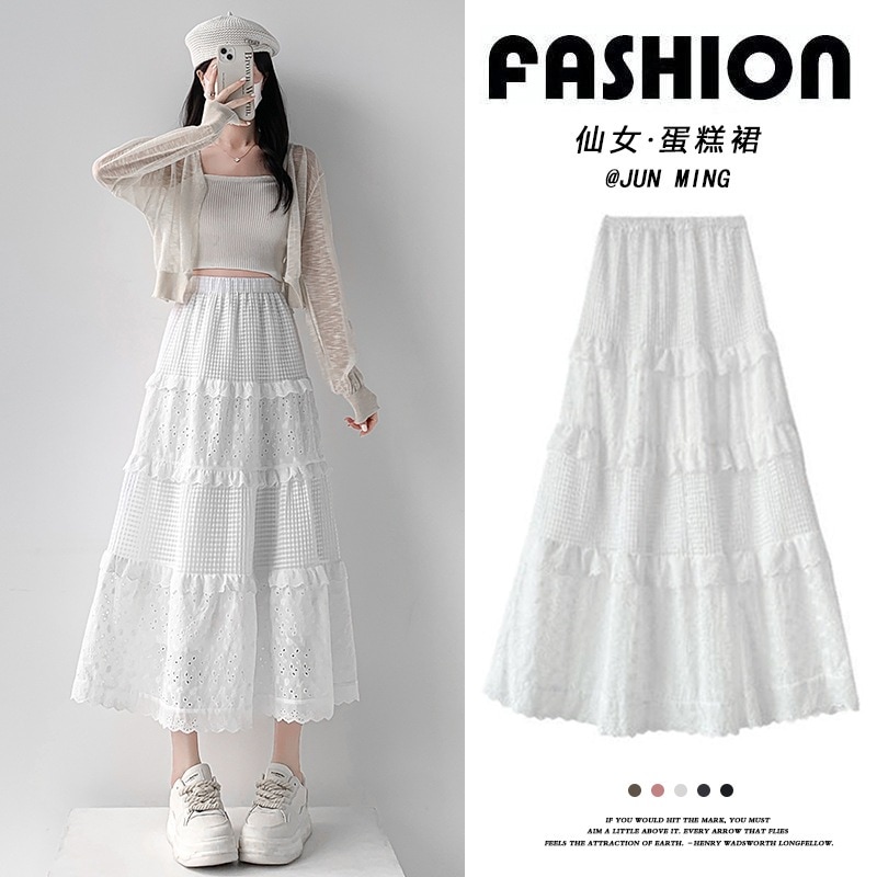 【1つ買うと10つ無料】女性のための白いスカート春と秋2025年春ハイウエストスリムで優しいバレエスタイルパフ ラインレースケーキスカート