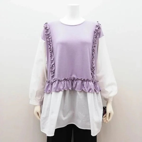 長袖 Tシャツ カットソー トップス レディースファッション 布帛切替フリル 無地部ストレッチあり