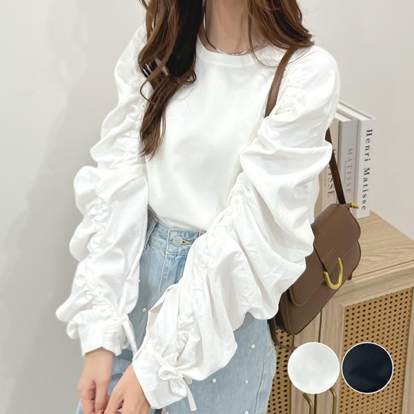 プルオーバー 長袖 袖ギャザー くしゅくしゅ袖 デザイン袖 大人可愛い 個性的 ゆったり カジュアル 韓国ファッション / 切り替えアームギャザープルオーバー