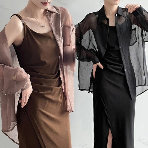 ワンピース キャミワンピ ロングワンピース シャツ 長袖 薄手 トップス 2点セット UVパーカー ライトアウター日焼け 冷房対策 マキシ丈ワンピース キャミワンピース レディース 春 夏 ワンピ ロ