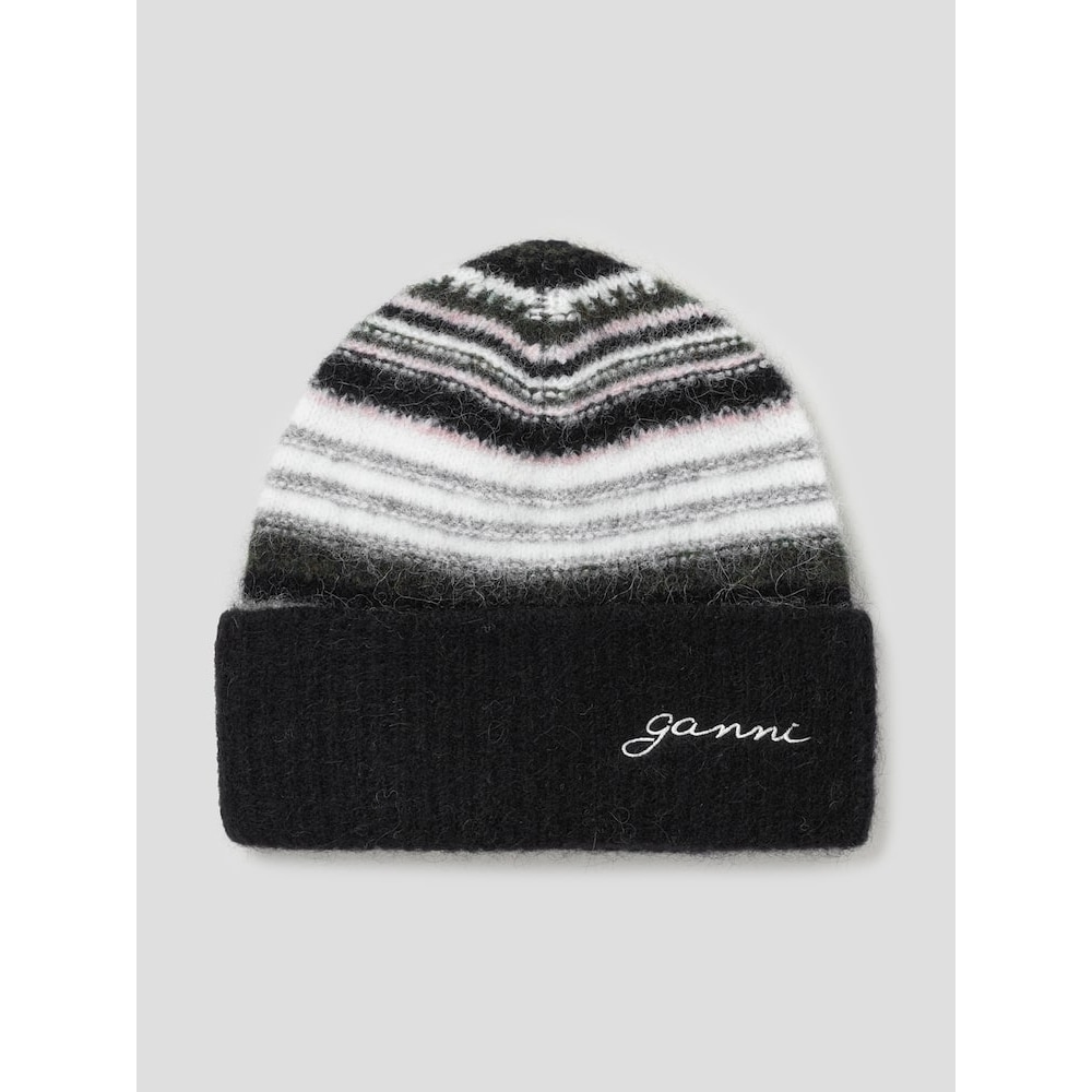 GANNI ストライプソフトウールビーニー-ブラック FW24-QN498BA075