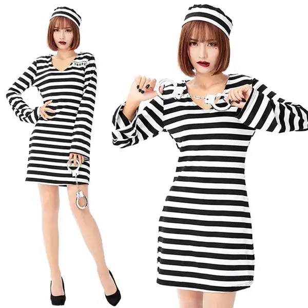 贈り物囚人服 レディース ハロウイン コスプレ衣装 囚人 コスチューム 女性用 ミニワンピース 白黒 ストライプ セクシー ハロウイン衣装 変装 イベント パーティー Halloween
