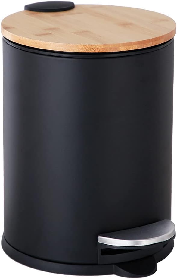 ゴミ箱 ふた付き 3L ペダル式 丸型 竹蓋 音無し 無臭密閉 キッチン・リビングルーム・トイレ・バスルーム・オフィス用（黒）