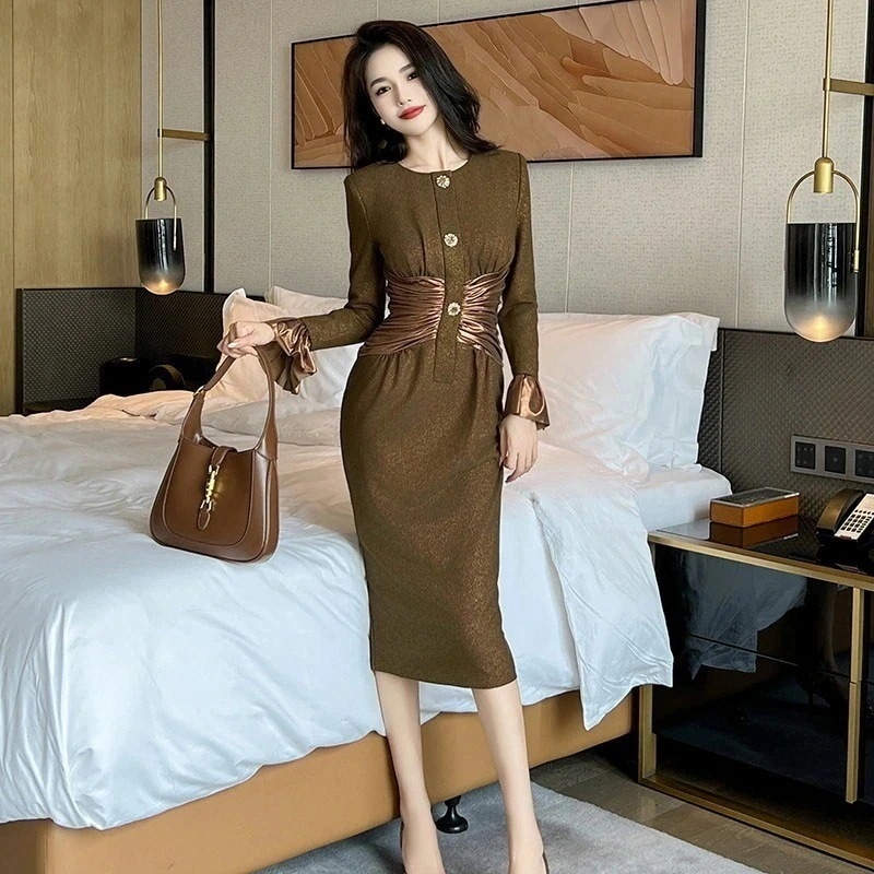 【JY.上品】 秋冬 通勤風 ワンピース ハイウエスト ラウンドネック パーティードレス キャバ 着痩せ 大人 同窓会 披露宴 卒業式 結婚式 演奏会 ウェディング 二次会30%までに制限