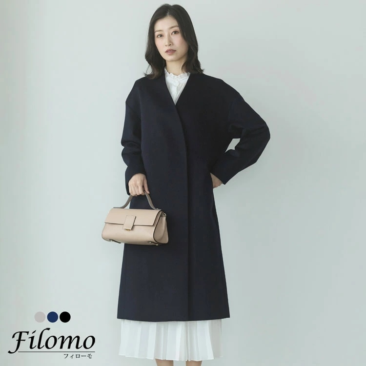 コート ノーカラー ロングコート レディース 春 黒 Filomo 暖かい カシミヤ カシミヤブレンド ウールコート カシミヤ混 ロング丈 ロング シンプル 無地 Vネック ノーカラーコート 冬 秋