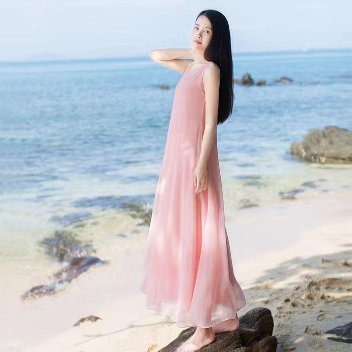 ワンピース ホリデー シンプル 無地 シフォン タイト ドレス 春夏 ノースリーブ マタニティ 妊婦 リラックス レディース リゾート ラウンドネック 大人っぽい