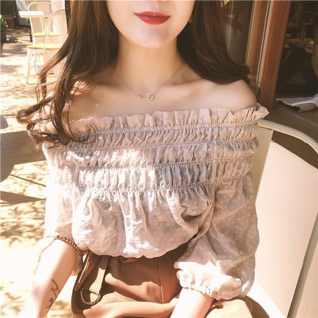 2176.ドット柄 シフォン オフショルダー トップス(アプリコット)