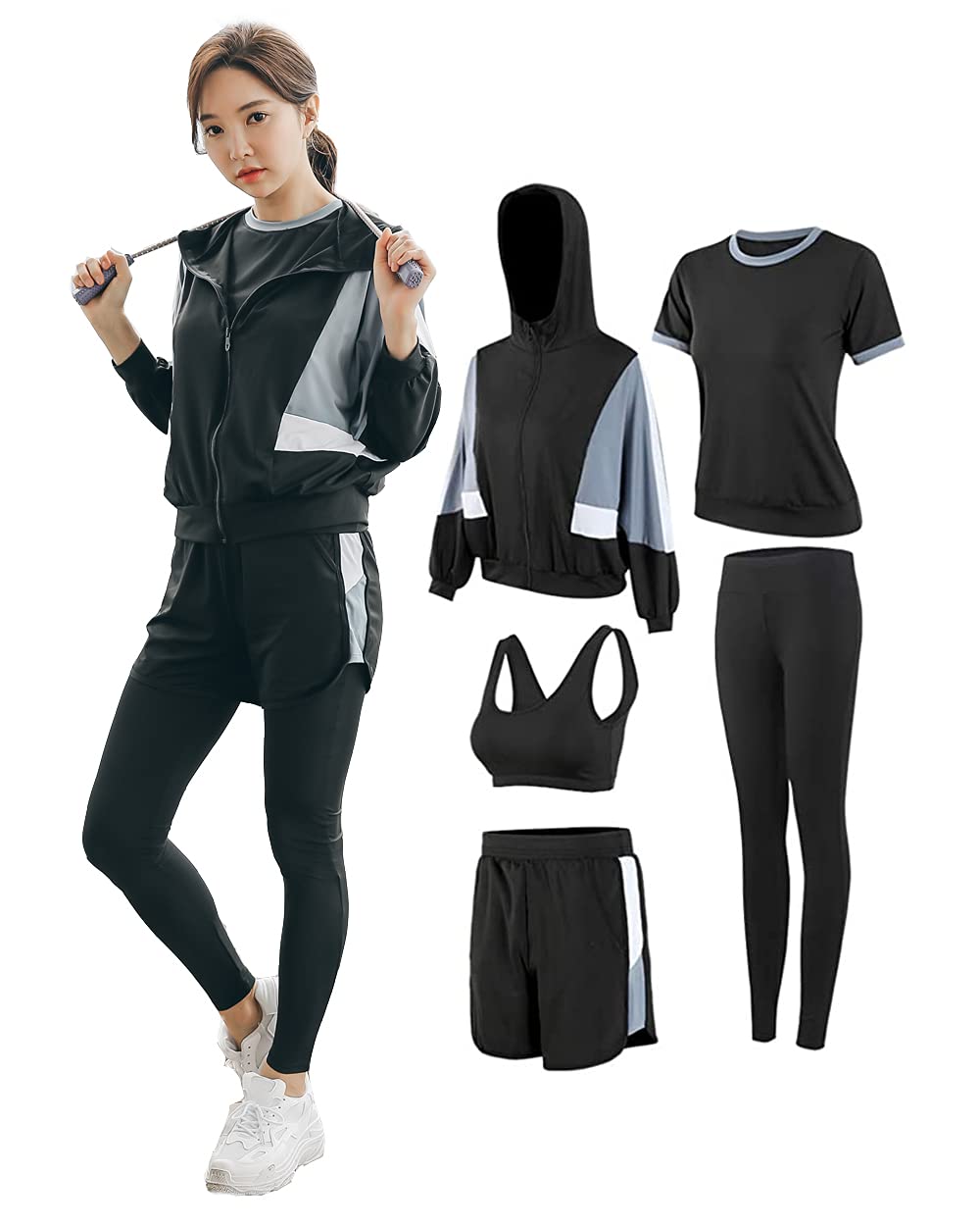 [DawnRain] レディース ヨガウェア スポーツウェア 5点セット 伸縮性 吸汗速乾 トレーニング ランニング 上下セット パッド入り 春夏秋冬