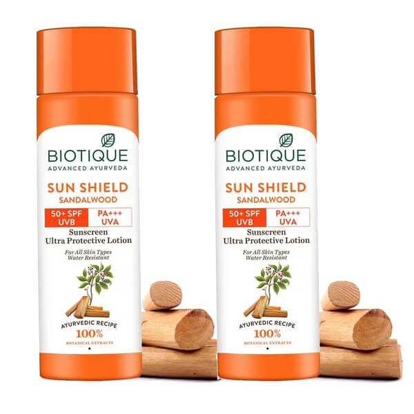 サンシールドサンドウッドサンスクリーンローション 120ml 2本 SPF50+ バイオティーク Biotique 日焼け止めクリームアーユルヴェーダ 海外発送 日時指定不可 国際郵便発送