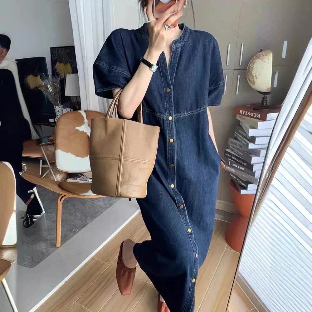 [限時割!引!]スカート 新品追加 ファッション OL 通勤 百掛け カジュアル 気質 開け口 襟 韓国ファッションドレス新しいデニムドレス着痩せ