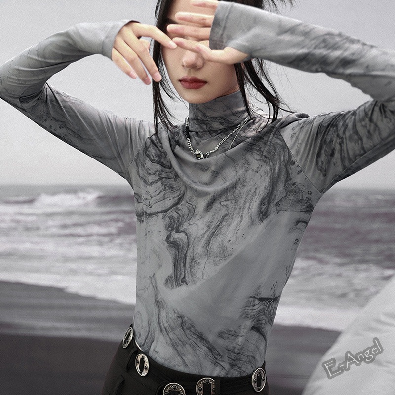 カットソー レディース チャイナ風トップス グレー ハイネック インナー 長袖 春 秋 鶴プリント タートルネック 着瘦せ 個性的