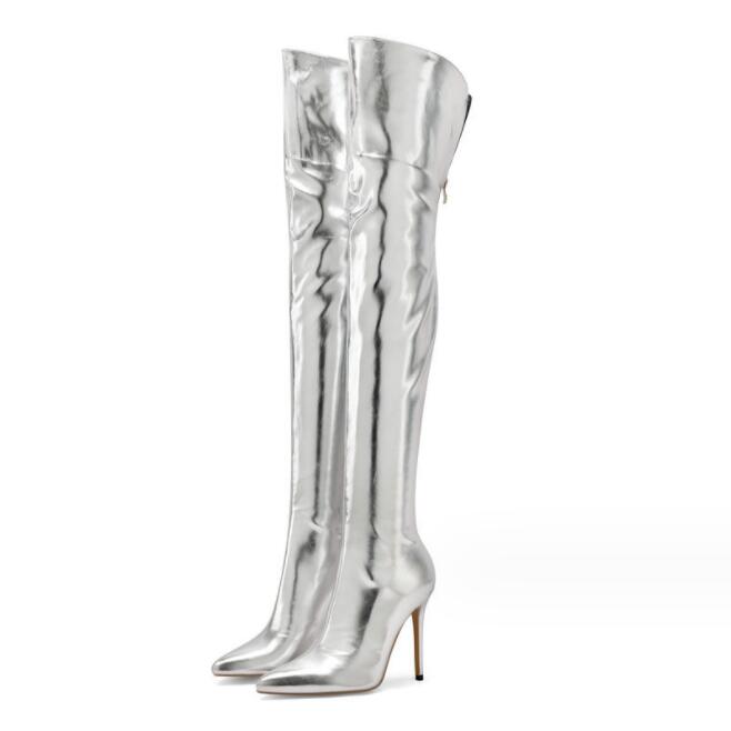 レディースブーツニーハイブーツエナメル11cm超ハイヒール光沢ロング丈秋冬春秋サイハイブーツ大きいサ