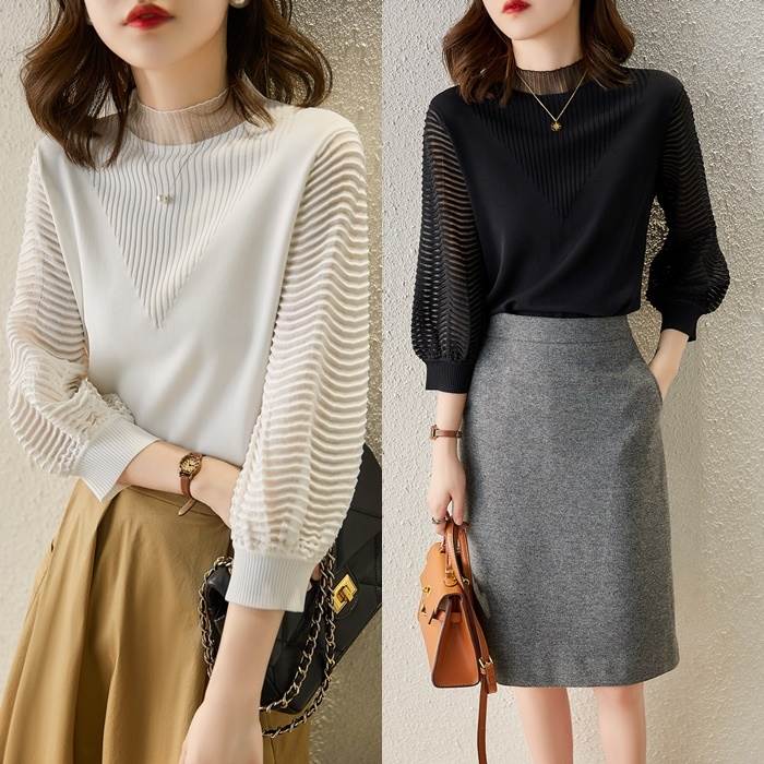 ニット レディース トップス セーター プルオーバー ニットトップス L ホワイト 白 ブラック 黒 大人カラー くすみカラー ニュアンスカラー 透け感 シースルー シアースリーブクルーネック スタン