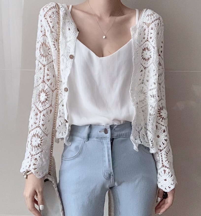 トップス デート モテアイテム カーディガン かぎ針 ニット コットン レース 大人可愛い きれいめ 上品 おしゃれ かっこいい 大人可愛い ラブリー キュート ガーリー クール モード系 セクシー 5,638円