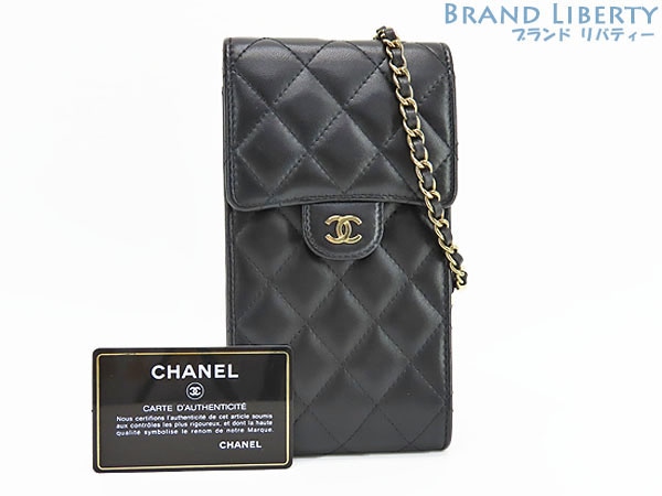 ほぼ新品シャネルマトラッセラムスキンフォンケースフォンポーチチェーンショルダーポーチポシェットブラック