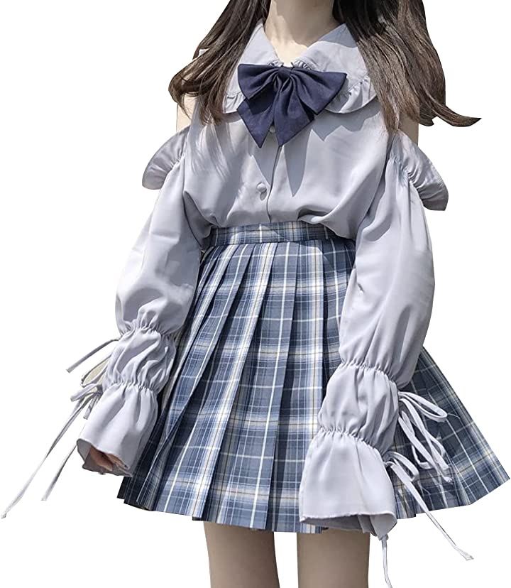 女子高生 コスプレ 長袖 レディース ブラウス 肩出し トップス 大きいサイズ 学生服 制服( グレー, L)