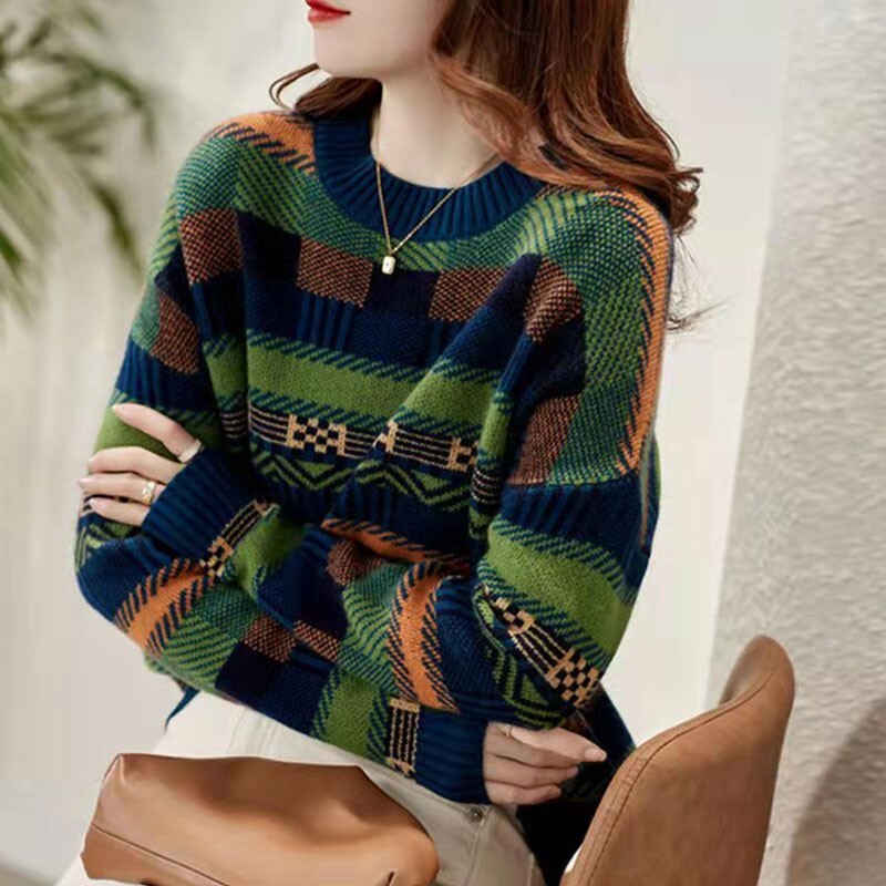 長袖ニット カジュアルニットセーター 幾何学模様トップス ゆったりニットセーター トップス セーター プルオーバー 袖あり 長袖 Uネック ラウンドネック ワイド Iライン スマート ふわふわ ニット