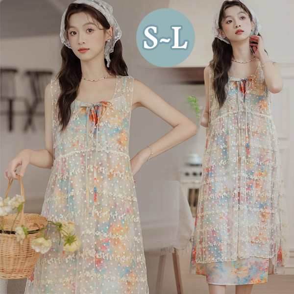 【新品】ワンピース 袖なし 水玉柄 花柄 2点セット リボン 夏ワンピ 可愛い ロング丈 レース フリル オシャレ カジュアル 夏ワンピース 夏 リゾートワンピ お出かけ デート 旅行 海 海辺 バ