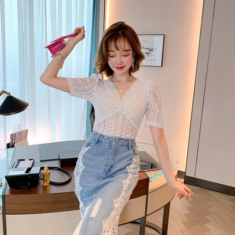 トップス 白トップス 黒トップス カットソー ５分袖 五分袖 Vネック レース 萌