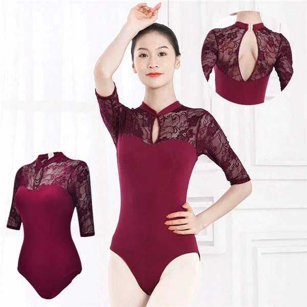 【当店人気商品】バレエ レオタード 半袖 秋 春 バレエダンス 大人 ジュニア レースレオタード スカートなし バレエレオタード バレエ用品 新体操 ワインレッド レースレオタード ダンスウエア コス