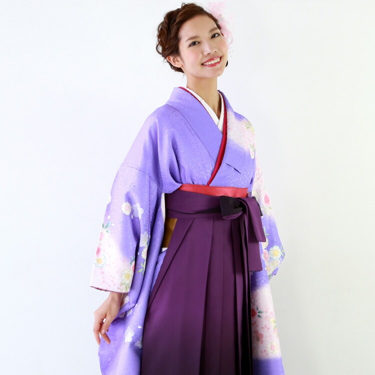 レンタル卒業式 袴 レンタル 女 袴セット 女 卒業式袴セット2尺袖着物＆袴 フルセットレンタル 安い 紫地にぼかしピンク 小桜 八重桜 花 綸子