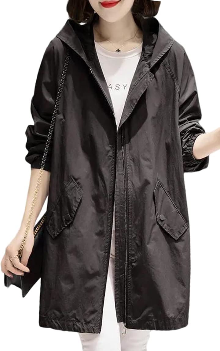 マウンテンパーカー 長め丈 アウター ブルゾン レディース 春 秋 フード付き 裏地あり スプリングコート フィールドコート カメラマン だぼパーカー(ブラック, 2XL)