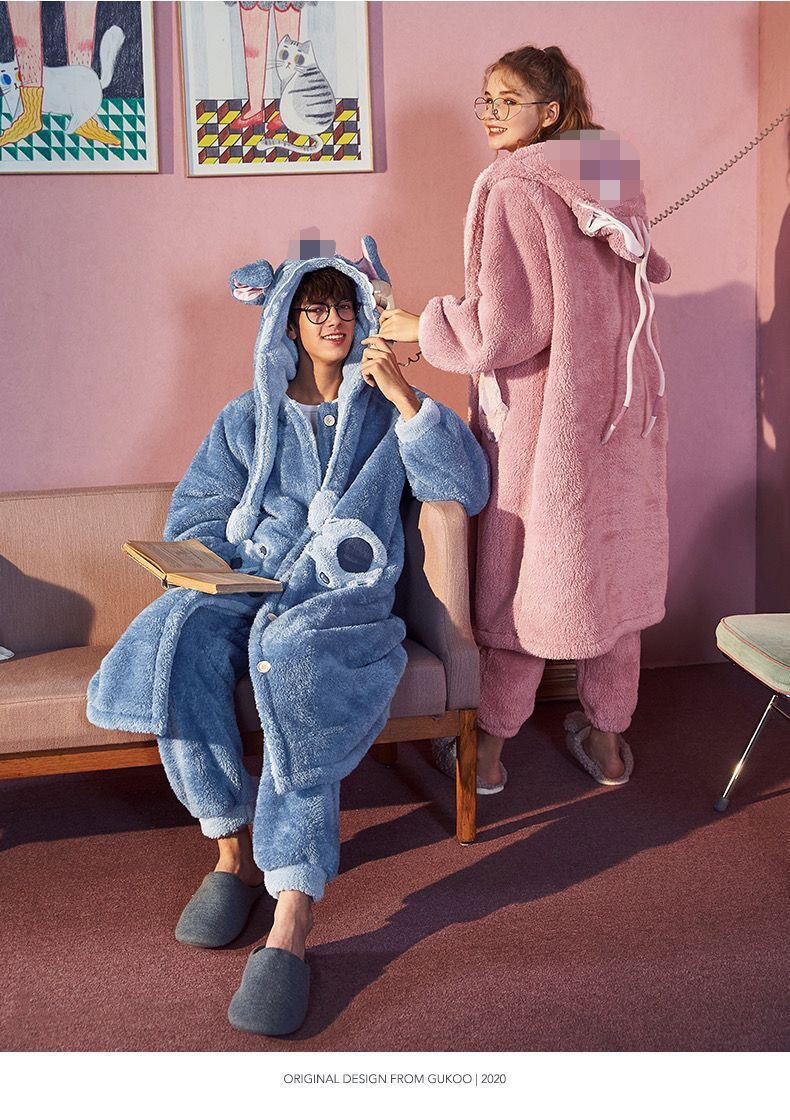 2024 コーラルフリースカップルパジャマ冬パジャマ女性は家の外で着用できますフード付きメンズパジャマ