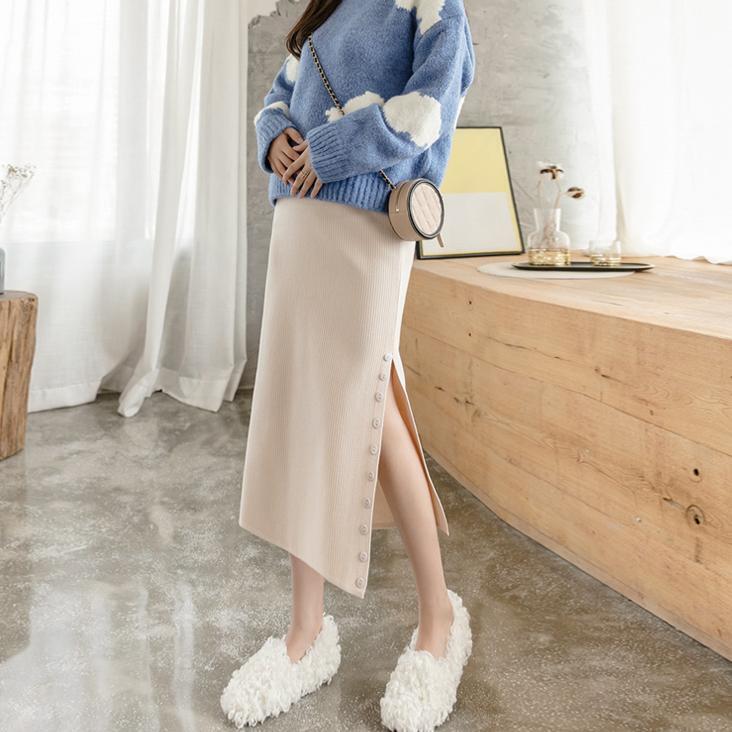 【送料無料】マタニティ リブニット スカート スリット ボタンデザイン レディース 可愛い