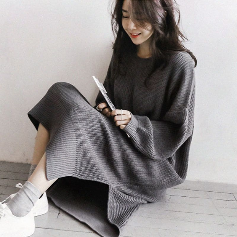 ワンピース レディース ニット 黒 グレー 大きいサイズ 秋 冬 ラウンドネック 長袖 スリット ロング丈 ドレス かわいい 大人 シンプル カジュアル ラフ ルーズ ゆったり 体型カバー 普段使い