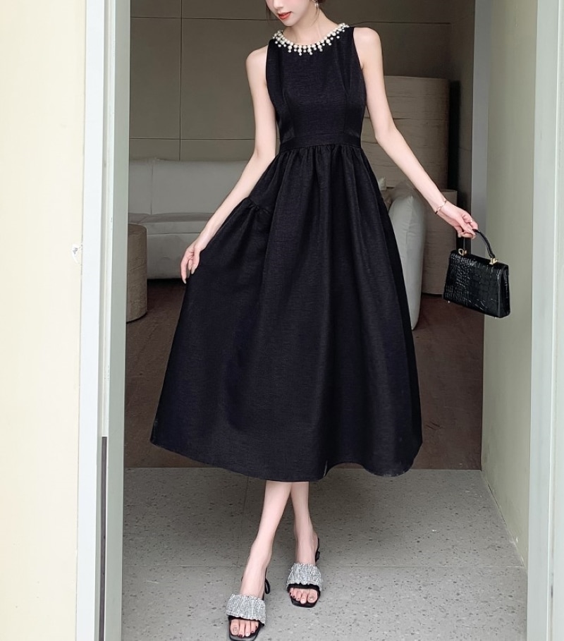 ドレス ワンピース パーティードレス 二次会ドレス ミモレ丈ドレス Iラインドレス 膝下 ノースリーブ ラウンドネック フレアワンピース きれいめ 大人 上品 おしゃれ お洒落 セクシー 無地