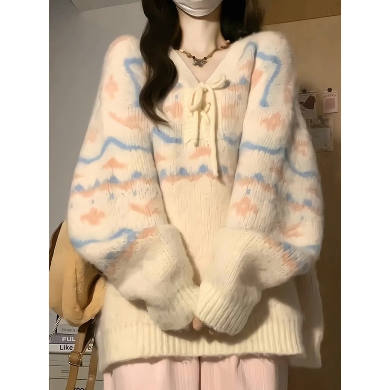 女性のための優しいスタイルの V ネックストライプ長袖セーター秋レトロ 5 新しい緩いファッションコントラストカラーストラップトップ