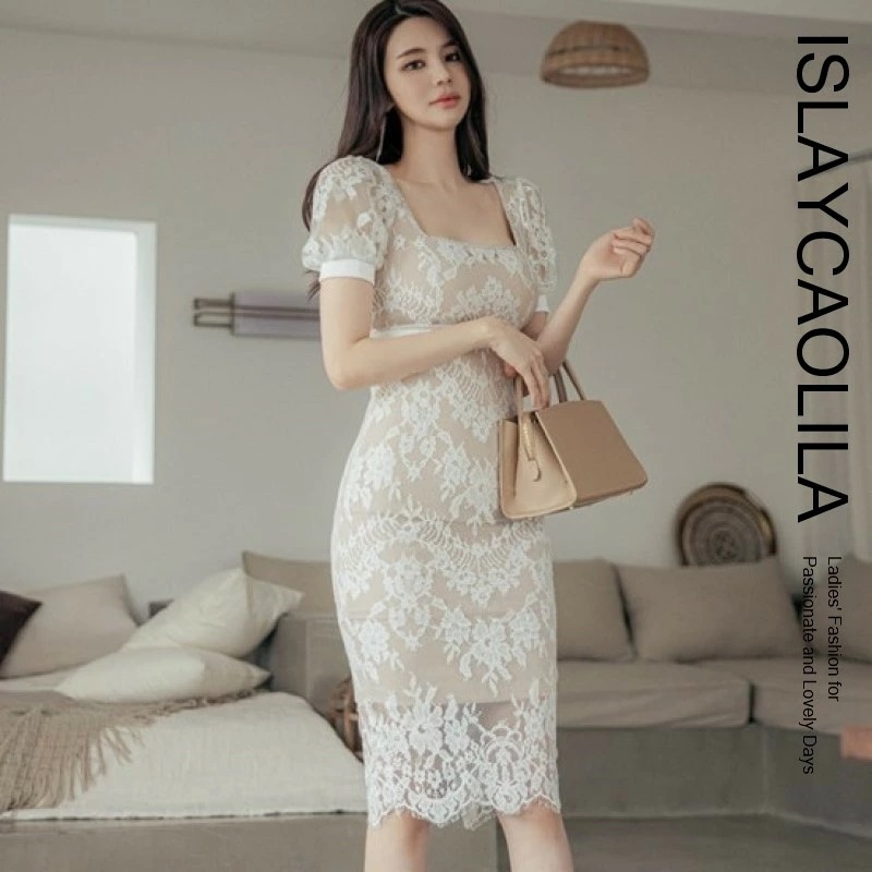 レース ワンピース シースルー タイト ミディ クラブ ドレス スクエアネック シアー 半袖 ミニ ひざ丈 レディース