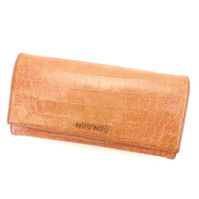長財布 ファスナー付き長財布 クロコダイル調 ピンク ゴールド 中古