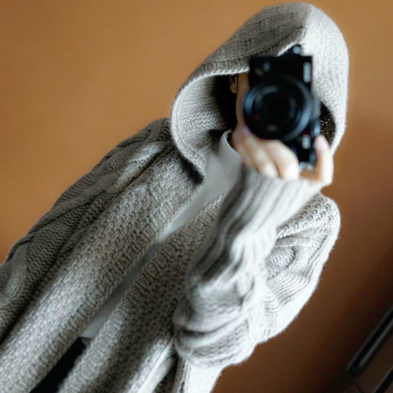 ケーブルニットロングカーディガン アウター カーディガン ロング ロング丈 袖あり フード