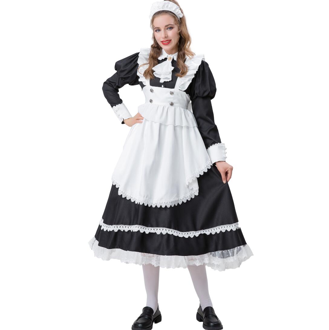 メイド服 可愛い大人用コスチューム メイドコスプレ ロング丈ワンピース フリル 長袖メイド服 ハロウィン衣装 ロリータ ゴスロリ ワンピース+エプロン+カチューシャ ウェイトレスコスプレ 萌え 舞台衣