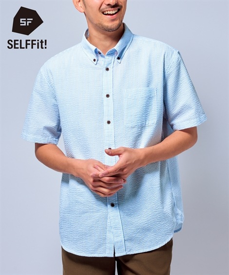 カジュアルシャツ サッカーストライプボタンダウン半袖シャツ 肩まわりお腹ゆったり 消臭テープ付